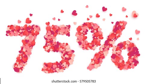 75% vector percentage number made from pink and red confetti hearts