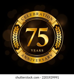 75 Year Anniversary celebration template design, with shiny ring and gold ribbon, laurel wreath isolated on black background, logo vector