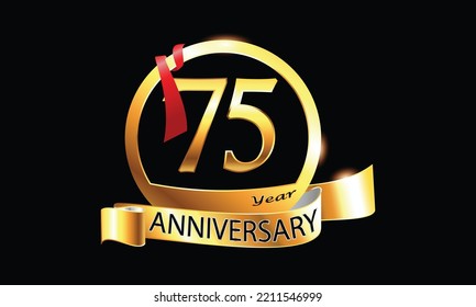 75 Year Anniversary celebration Vector Design with ring and red ribbon. 75th Anniversary celebration. Gold Luxury Banner of 75th Anniversary celebration. seventy-fifth celebration card. anniversary