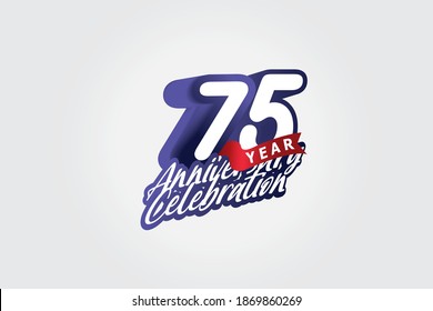 75 year anniversary, Italic Style with ribbon celebration logotype. Simple Blue color design isolated on Grey background - vector 