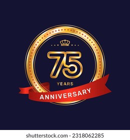 75 year anniversary logo with gold ring and red ribbon, vector template