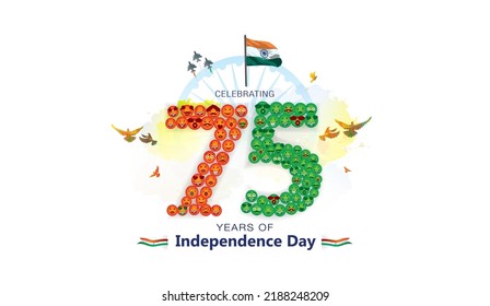 75 year India independence day. Greeting card design. smiling face with indian tricolor flag.