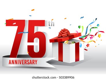 75 years anniversary background with ribbon, confetti and gift on white. Poster or brochure template. Vector illustration.