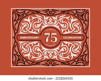 75 years anniversary celebration card with floral ornament in vintage style. Vector illustration