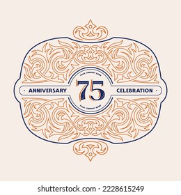 75 years anniversary celebration card with floral ornament in thin line style. Red and white colors on dark background