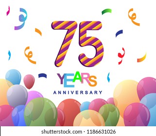 75 years anniversary celebration with colorful balloons and confetti, colorful design for greeting card birthday celebration