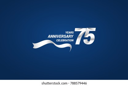 75 Years Anniversary celebration logotype white colored, using ribbon and isolated on blue background