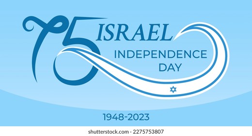 75 years anniversary Israel Independence Day. Greeting banner with number 75 and the Israeli flag. Great for logo, card, website, print, design, poster, social media. Vector flat style illustration