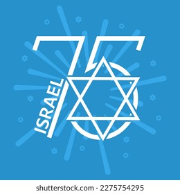 75 years anniversary Israel Independence Day. Greeting design with number 75, star of David and firework burst rays. Great for logo, card, print, banner, poster, social media. Vector flat style