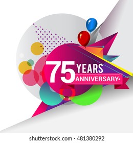 75 Years Anniversary logo with balloon and colorful geometric background, vector design template elements for your birthday celebration.