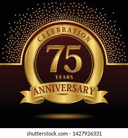 75 years anniversary logo celebration with ring and ribbon, on dark background, vector template.