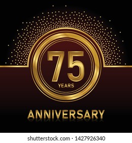 75 years anniversary logo celebration with ring and ribbon, on dark background, vector template.