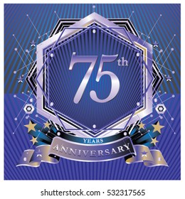 75 years anniversary logo celebration with ring and ribbon. Symbol and template for greeting card