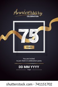 75 Years Anniversary Logo Celebration and Invitation Card with gold ribbon Isolated on Dark  Background