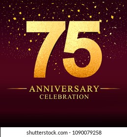 75 years anniversary logo with golden and on dark pink background, vector design for invitation card, greeting card. 