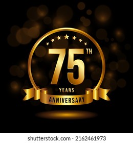75 years anniversary logo with golden ring and ribbon for booklet, leaflet, magazine, brochure poster, banner, web, invitation or greeting card. Vector illustrations.