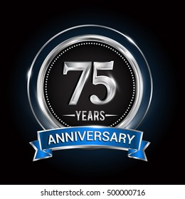 75 years anniversary logo with silver ring and blue ribbon, Vector design.