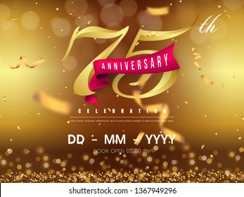 75 years anniversary logo template on gold background. 75th celebrating golden numbers with red ribbon vector and confetti isolated design elements