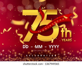 75 years anniversary logo template on gold background. 75th celebrating golden numbers with red ribbon vector and confetti isolated design elements