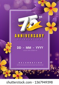 75 years anniversary logo template on golden flower and purple background. 75th celebrating white numbers with gold ribbon vector and bokeh design elements, anniversary invitation template card design