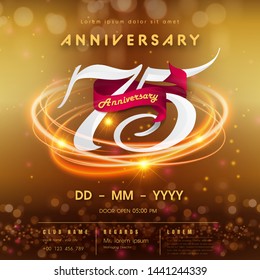 75 years anniversary logo template on golden Abstract futuristic space background. 75th modern technology design celebrating numbers with Hi-tech network digital technology concept design elements.