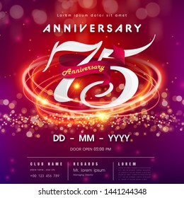 75 years anniversary logo template on red and pink  futuristic space background. 75th modern technology design celebrating numbers with Hi-tech network digital technology concept design elements
