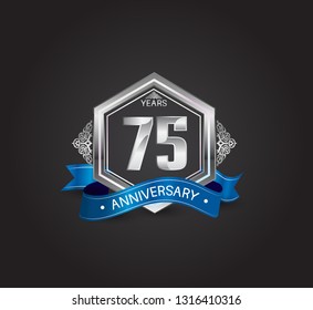 75 years anniversary logotype design with blue ribbon, silver hexagon, and ornament isolated on dark background. Vector template for celebration company event, greeting card, and invitation card