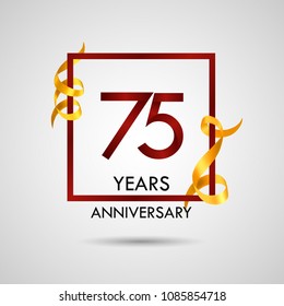 75 years anniversary with red number design inside red square and golden ribbon element, isolated on white background can be used as celebration card