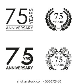 75 years anniversary set. Anniversary icon emblem or label collection. 75 years celebration and congratulation decoration element. Vector illustration.