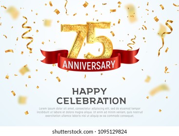 75 years anniversary vector banner template. Seventy-five jubilee with red ribbon and confetti on white background