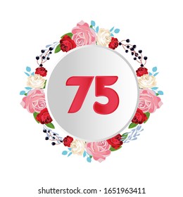 75 Years anniversary. Vector design greeting card with decorative floral circle for celebration