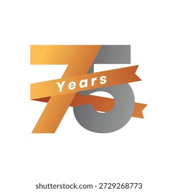75 Years Anniversary Vector Design with Ribbon Wrapping, Golden Numbers and Clean Style for Company Events, Celebrations and Jubilee