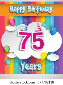 75 Years Birthday Celebration, with balloons and clouds, Colorful Vector design for invitation card and birthday party.