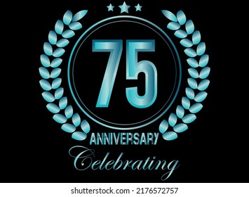 75 years blue sapphire anniversary logo, with shiny ring and laurel wreath isolated on black background, vector design.