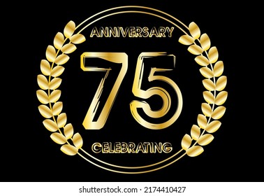 75 years gold anniversary celebration luxury logo. Vector with golden crown for birthday year isolated on black background.