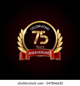 75 years gold anniversary celebration logo with red ribbon , isolated on dark background