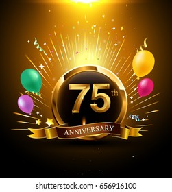 75 years golden anniversary logo celebration with ring, ribbon, firework, and balloon