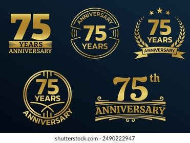 75 años icono o conjunto de logotipo. 75 aniversario celebrando el signo o sello de oro. Jubileo, elemento de diseño de celebración de cumpleaños. Ilustración vectorial.