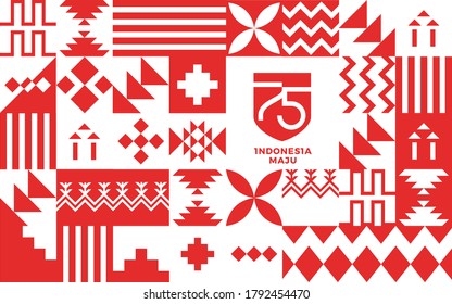 75 Years Independence Day of Indonesia (Indonesian Text: Dirgahayu Indonesia, 75 Indonesia Maju). Illustration on Vector.  Design of Banner. Official Logo.