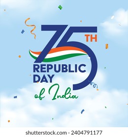 75 years of Indian republic day celebration background, logo, typography with tricolor flag and confetti. Vector Illustration