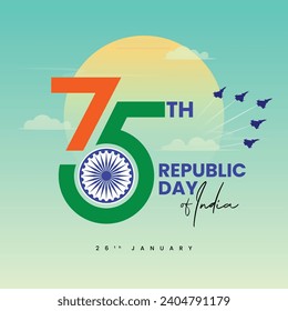 75 years of Indian republic day celebration background, logo, typography with tricolor flag and confetti. Vector Illustration