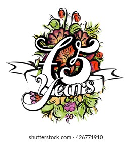 75 Years with nice bouquet of flowers, Greeting Card Design, Vector Hand Drawn Artwork