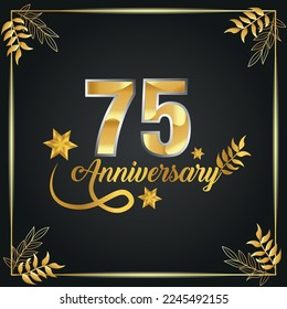 75 years old luxurious logo. anniversary year of vector gold colored template framed of palms.
