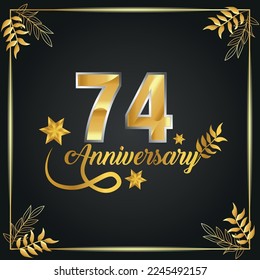Logo de lujo de 75 años. año aniversario de la plantilla de color oro vector enmarcada por palmas.
