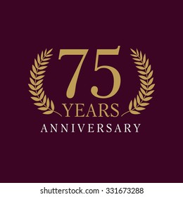 75 years old luxurious numbers. Congratulations 75th vector gold colored template sign framed of palms. Greetings sign, celebrates cup. Celebrating traditional branches seventy five. Isolated 7th.