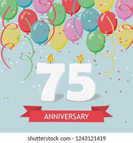 75 years selebration. Happy Birthday greeting card with candles, confetti and balloons