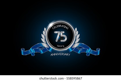 75 years silver anniversary celebration logo with red ribbon , isolated on dark background