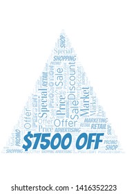 $7500 Off word cloud. Wordcloud made with text only.