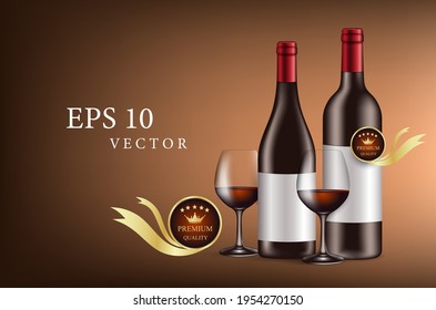 750ml standard size wine bottle and wine glasses placed beside it with premium quality label for alcohol advertisement,vector concept design