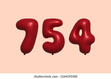 754 globo 3d número hecho de representación 3d de globo metálico realista. Globos 3D de helio rojo para la venta decoración Fiesta Cumpleaños, Celebración de Aniversario, Fiesta de la Boda. Ilustración del vector